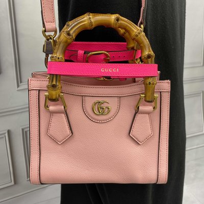 【折扣預購】22春夏正品Gucci Diana Mini Tote Bag迷你款粉色皮革竹節包 肩背手提包 655661