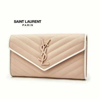 Saint Laurent Paris YSL (淡裸粉紅色×白色)立體金屬LOGO 真皮壓紋長夾 皮夾 錢包｜100%全新正品