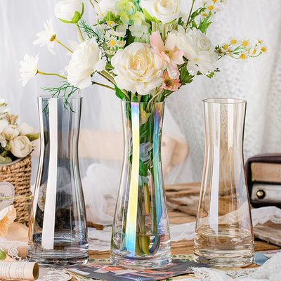 漫友擺件 彩色玻璃花瓶簡約客廳透明玻璃水養百合插炫彩創意富貴竹餐桌擺件