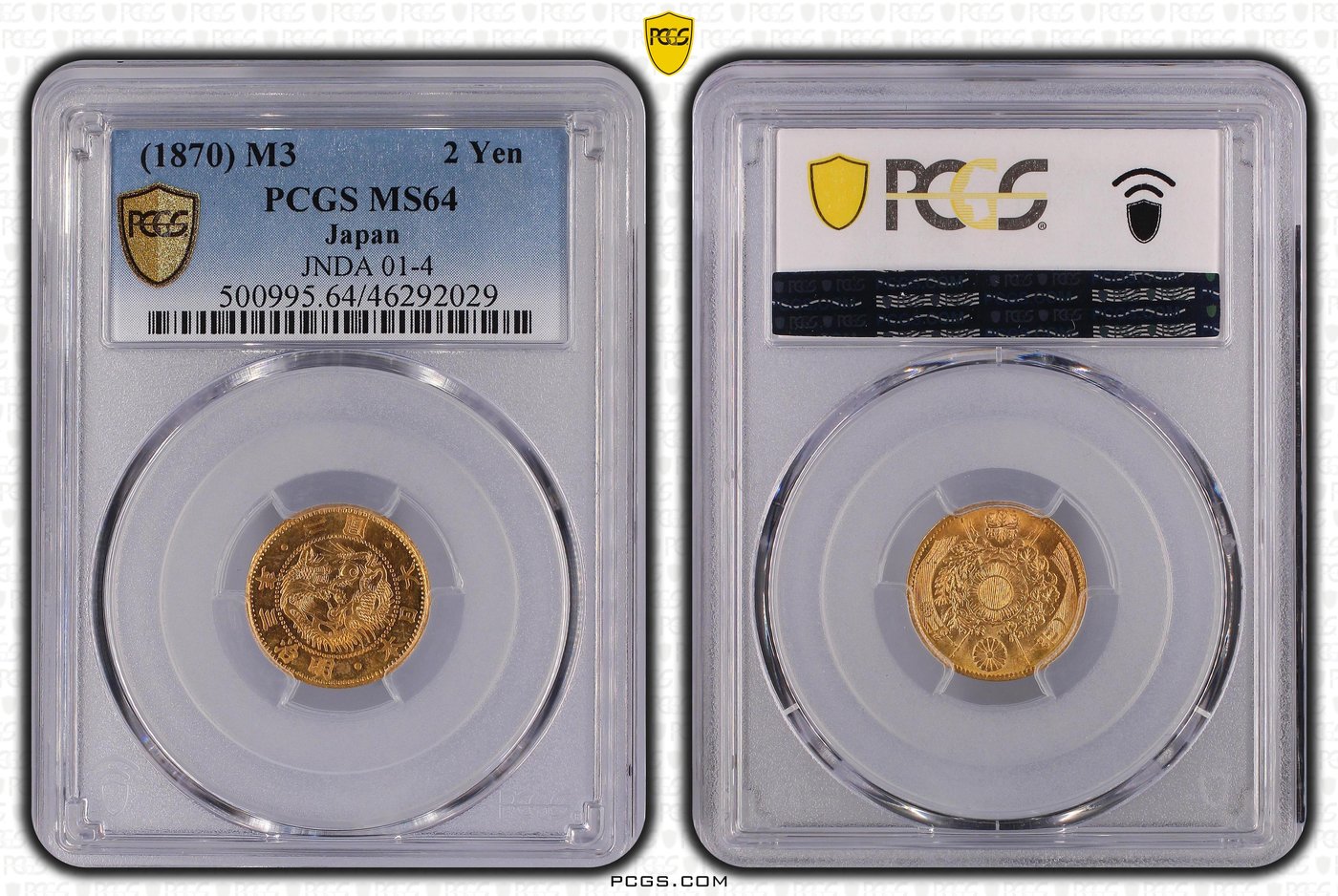明治三年二圓金幣 PCGS MS64 有龍圖案日本高分金幣 極度稀少 [認證編號46292029] 【和美郵幣社】