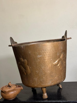 日本中古回流年代物手提純銅火缽 柴火桶木炭桶 戶外火爐