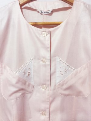 NANA 日本古著 刺繡緹花 簍空口袋 圓領長袖襯衫 日式櫻花粉色