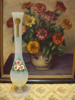 歐洲古物時尚雜貨 義大利 手工 牛奶白 綠葉 立體粉玫瑰花卉 花瓶 擺飾品 古董收藏