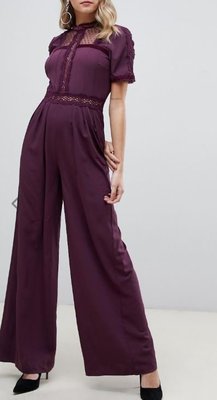 茄紫色精緻透膚蕾絲細節設計露背高質感連衣寬管長褲Aubergine jumpsuit with lace inserts