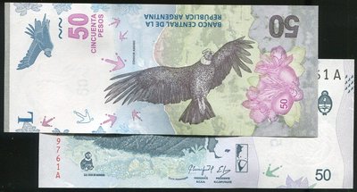 ARGENTINA (阿根廷紙鈔)， P-NEW ，動物 50 PESO ， 2018 ，品相全新UNC