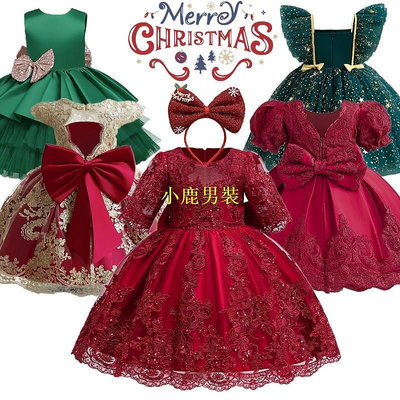NNJXD 1-5歲女嬰耶誕派對服裝送髮箍幼童紅色新年衣服女寶寶蓬蓬洋裝女童公主裙正式派對禮服 可開發票