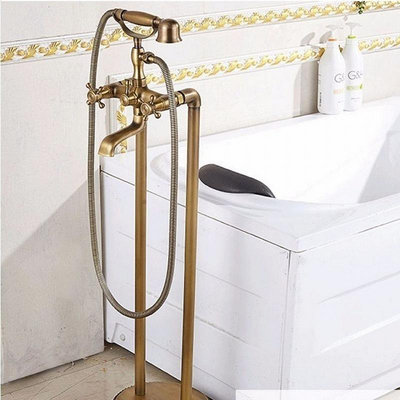 快速出貨 浴缸龍頭落地式金色淋浴花灑套裝缸邊式歐式復古全銅仿古立式貴妃