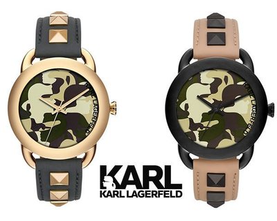 KARL LAGERFELD卡爾·拉格斐 迷彩鉚釘真皮錶帶石英錶 手錶 中性錶｜100%全新正品｜特價!