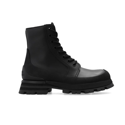 [全新真品代購-S/S24 新品!] Alexander McQueen 黑色皮革 短靴 / 靴子 / 軍靴