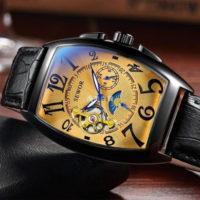 現貨熱銷-黑金酒桶型錶盤 陀飛輪 自動機械表 皮錶帶 男士手錶爆款