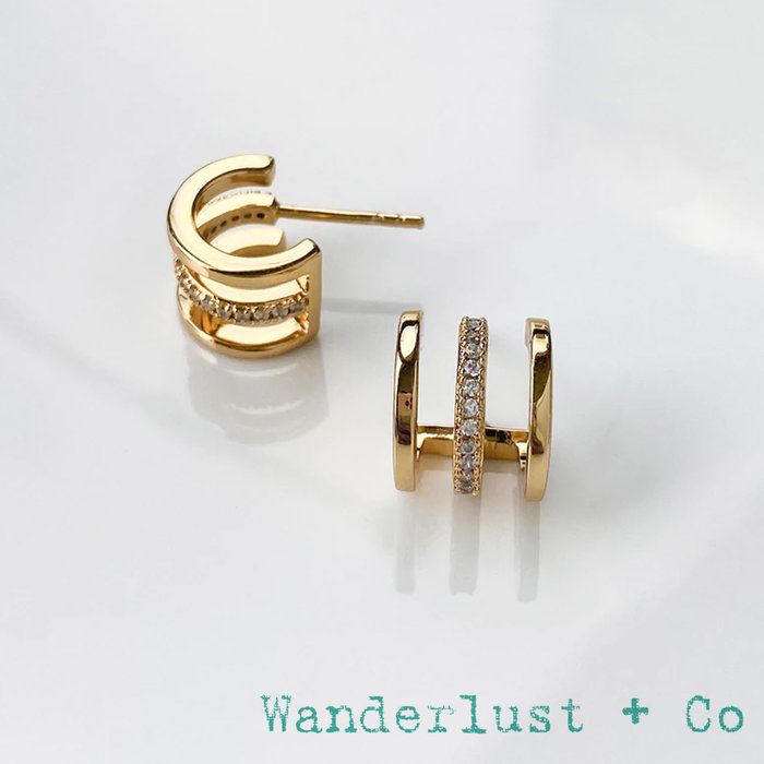 Wanderlust+Co 澳洲品牌 鑲鑽耳環 金色小圓耳環 經典三層設計 Classic Triple Pave