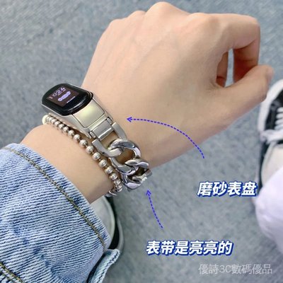 2021新款小米手環6/5/4/3腕帶nfc版小香風  智能運動金屬不銹鋼牛仔鏈錶帶 小米6小香風錶帶