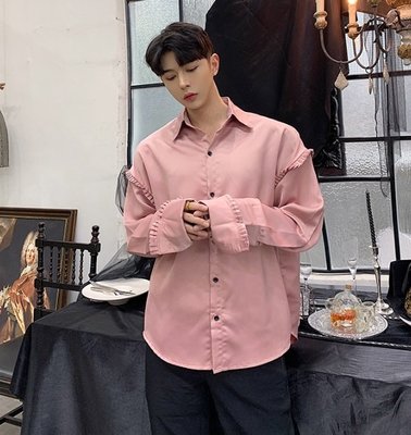 《TINO HOMME》2019春夏新款日韓版英倫風OVERSIZE皺褶滾邊寬鬆長袖襯衫
