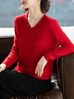 媽媽裝 秋冬毛衣 媽媽100%純羊毛衫中老年女秋冬紅色內搭針-實惠小店