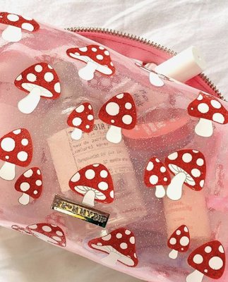 [SECOND LOOK]Skinnydip 粉色 亮粉 半透明 小蘑菇圖案 大容量 防水 化妝包