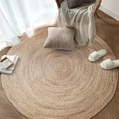 手工水草編織地毯圓形北歐簡約近黃麻地毯客廳臥室床邊毯定制編織籃 編織筐