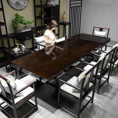 黑檀實木大板原木茶桌茶臺餐桌老板辦公室桌椅組合新中式家具