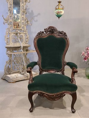 ⚜️卡卡頌 歐洲古董⚜️19世紀 法國百年 玫瑰捲葉 法式 手工  高背椅 主人椅 單人沙發 古董椅 A935 ✬