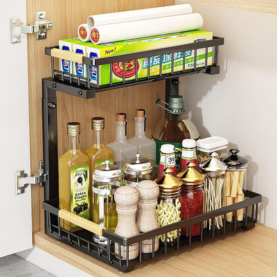 廚具 廚房可抽拉下水槽置物架亞馬遜新品雙層可調節櫥柜下調味品收納架