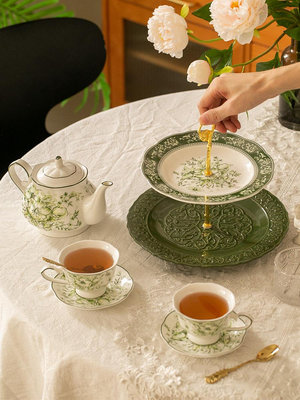 廠家出貨法式下午茶具 復古繁花茶壺陶瓷茶具咖啡杯碟水果雙層架甜品歐式