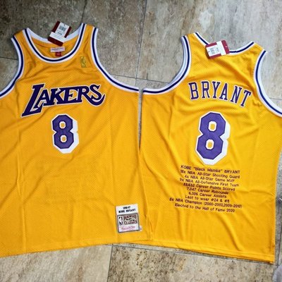 科比·布萊恩（Kobe Bryant）NBA洛杉磯湖人隊 電繡  生涯榮譽 英文繡字版 球衣 8號 黃色