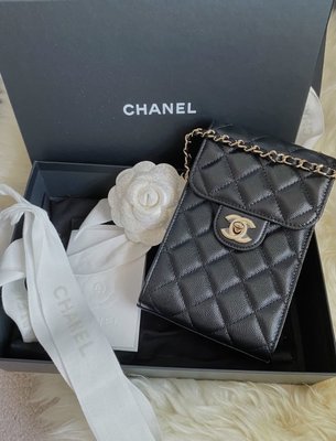 【翰貝格名牌館】全新真品 Chanel 黑色 荔枝紋 牛皮 金CC 皮穿鏈 斜背 直式 手機包 AP0249 預購