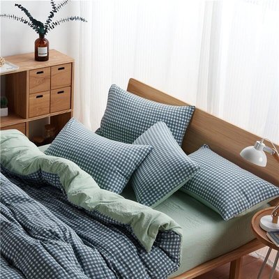 下殺-meet MUJI系列工廠直銷 藍綠色小格子微皺效果水洗棉床包組合床罩組合日系簡約唯美單人雙人床單床包7種尺寸可選