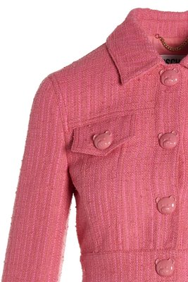 Moschino 粉色 桃紅 小熊造型鈕釦 短版 棉質 毛呢 tweed 小外套 專業 甜美 顯白 顯瘦 套裝 外套