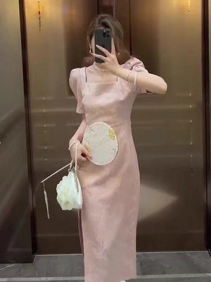 法式復古中式改良旗袍年輕少女款國風氣質方領粉色連衣裙夏高級感