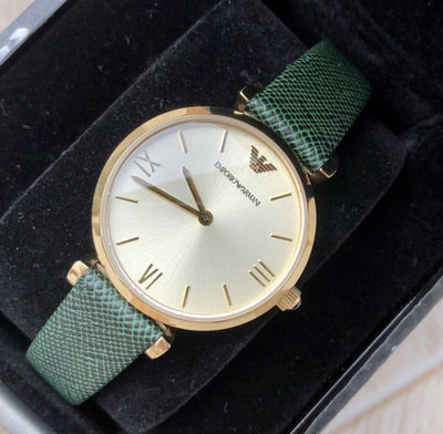EMPORIO ARMANI 復古優雅簡約 綠色皮革錶帶 石英 女士手錶 AR1726 亞曼尼腕錶