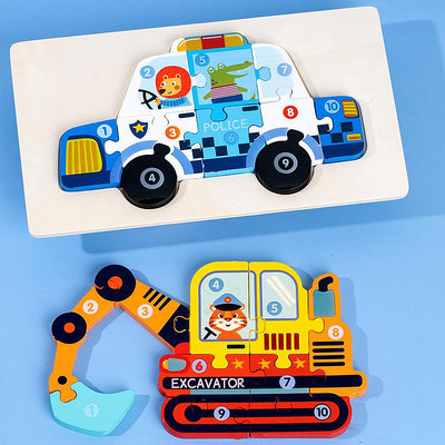 木制兒童卡通交通工具立體拼圖 兒童益智3D木制拼板早教木質玩具