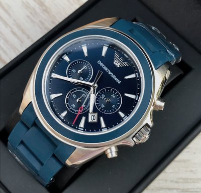 EMPORIO ARMANI 藍色面錶盤 藍色橡膠包覆不鏽鋼錶帶 石英 三眼計時 男士手錶 AR6068 亞曼尼腕錶