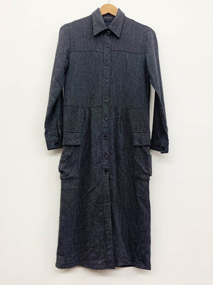 NANA 日本古著 微厚棉質 襯衫式 口袋 超長版 長裙 洋裝 日式迷霧灰色