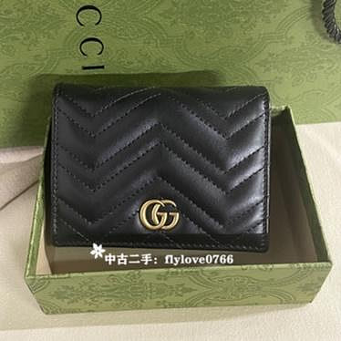 中古二手GUCCI GG Marmont 卡夾 皮夾 短夾 零錢包 黑色 466492