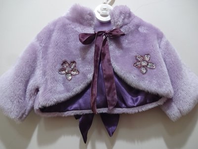 女童 粉紫色 仿皮草 細緻繡亮片 短版 罩衫 外套~E22