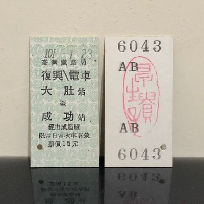 珍藏【臺鐵車票】復興電車 大肚成功 名片式車票/硬票