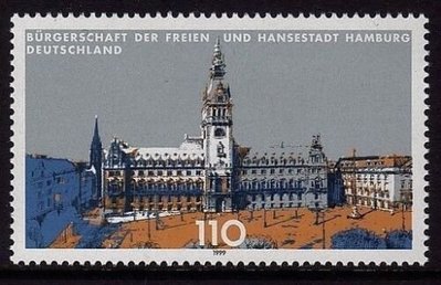 古蹟與建築物類-德國郵票--1999年--地方特色漢堡議會紀念-1全(不提前結標)