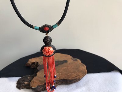 早期收藏MOMO紅珊瑚牡丹黑檀木葫蘆流蘇設計復古款項鍊