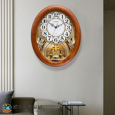 熱銷 金鐘寶橢圓實木掛鐘歐式復古客廳裝飾石英鐘美式輕奢整點報時鐘表可開發票