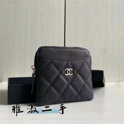 雅淑二手 CHANEL 香奈兒 22B 黑色 荔枝紋牛皮 金扣 4卡 方形 拉鏈零錢包 卡包 鑰匙包 AP2061