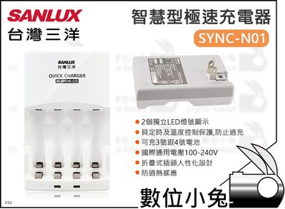 數位小兔【三洋 SANLUX SYNC-N01 智慧型極速充電器】自動斷電 AAA 3號 4號 充電器 AA 電池