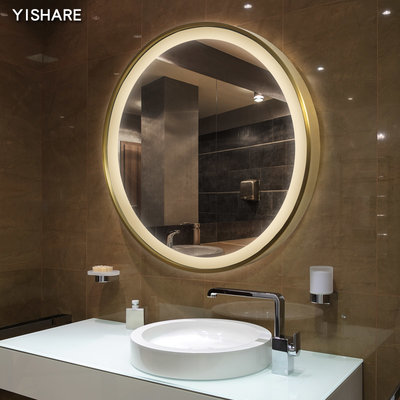 Yishare北歐壁掛圓形帶燈衛生間鏡子掛墻led智能浴室鏡不銹鋼邊框