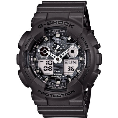 G-SHOCK系列 強悍迷彩潮流雙顯電子錶(迷彩灰 GA-100CF-8A)