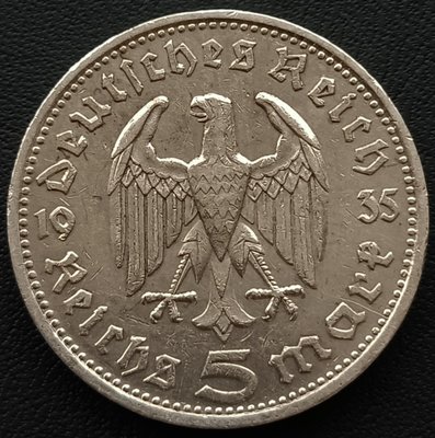 德國  1935年 D(慕尼黑廠)  納粹德國  5馬克  興登堡  銀幣(90%銀)    2-84