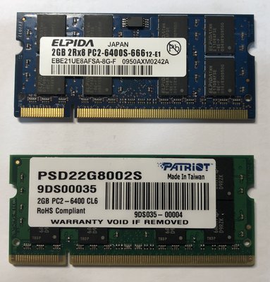 DDR2 800 2GB筆電用記憶體(2支)