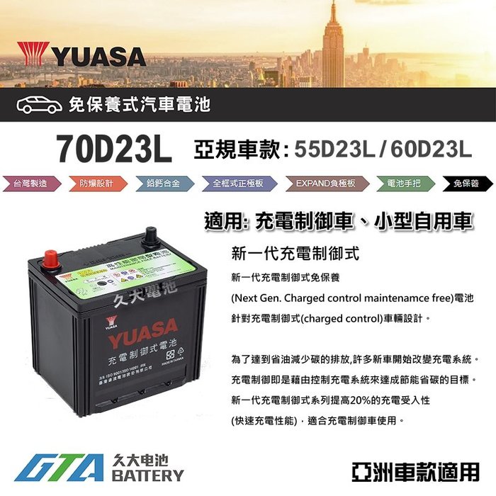 ✚久大電池❚ YUASA 湯淺電池70D23L 免保養汽車電瓶汽車電池55D23L 60D23L 新規格| Yahoo奇摩拍賣