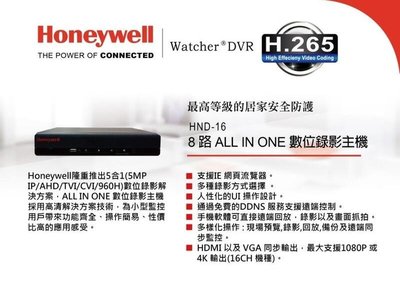 大台北科技~Honeywell 8路 500萬 HNP-16 H.265 監視 錄影 監控 主機 漢威 watcher
