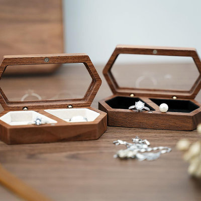 黑胡桃木開窗可視六角首飾盒戒指項鏈耳釘收納木盒飾品收藏展示盒