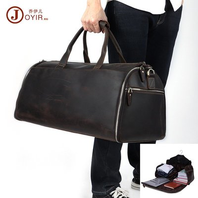 手提包健身包瘋馬皮復古行李袋多功能折疊西裝收納包手提旅行包乾濕分離健身包