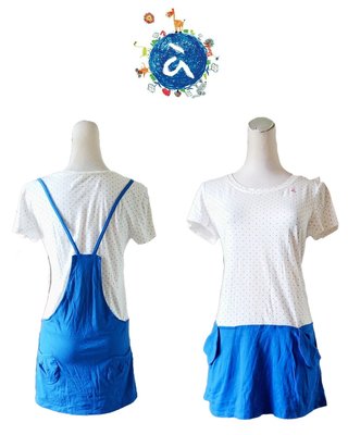 日系童趣風~【a la sha】藍色假吊帶裙  內層白色點點上衣  假兩件童趣長上衣~S6